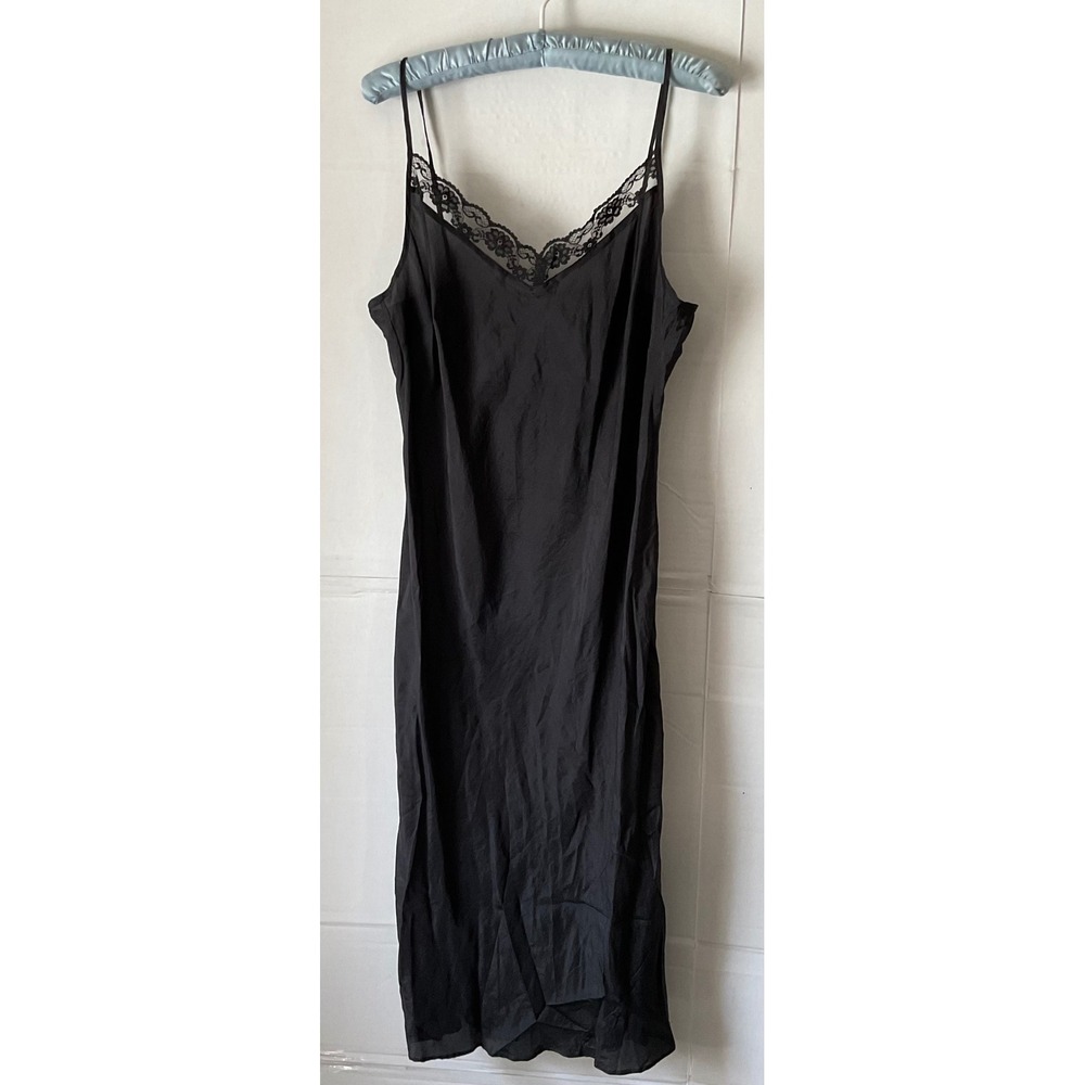 Robbie Bee Black 100% Silk Lace Trim Midi Slip  Women's Size 10 Vintage 90s